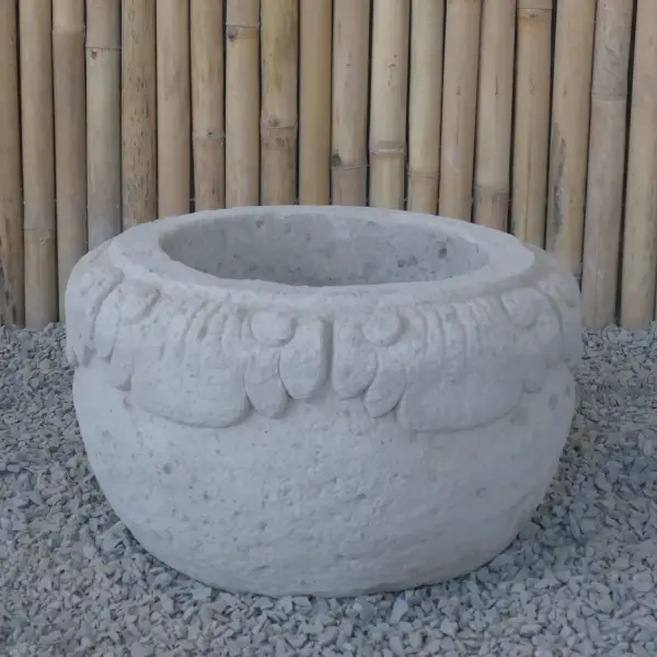 Product image 5 of the product “Balinese style flat round pot, with carving - 60 cm Dia., 35cm Height, Taro sand ”